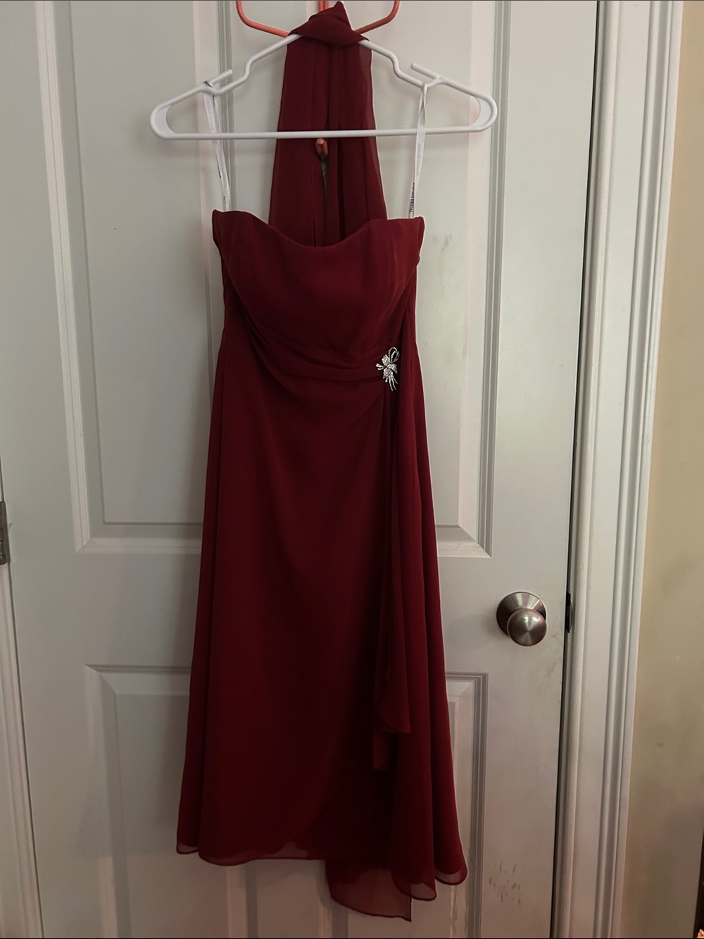 David's Bridal Burgundy Halter Midi Dress with Brooch Accent